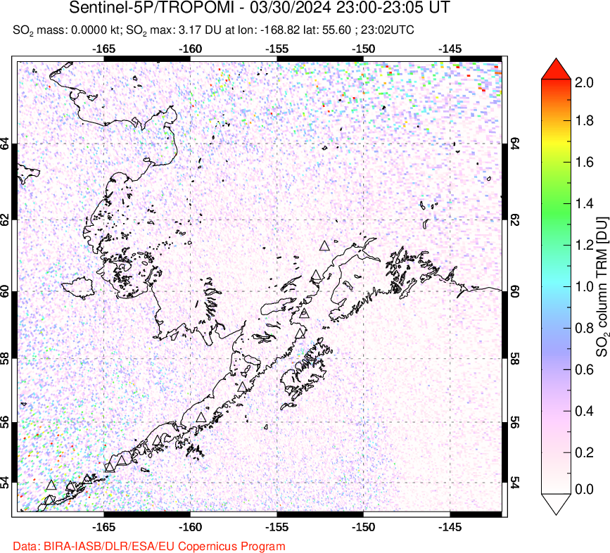 A sulfur dioxide image over Alaska, USA on Mar 30, 2024.