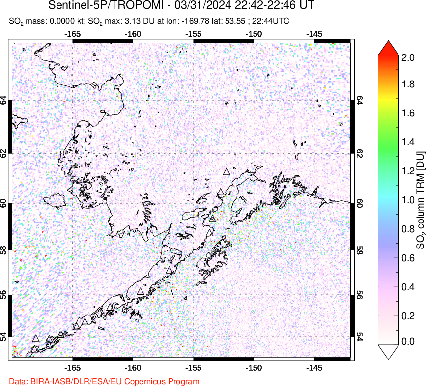 A sulfur dioxide image over Alaska, USA on Mar 31, 2024.