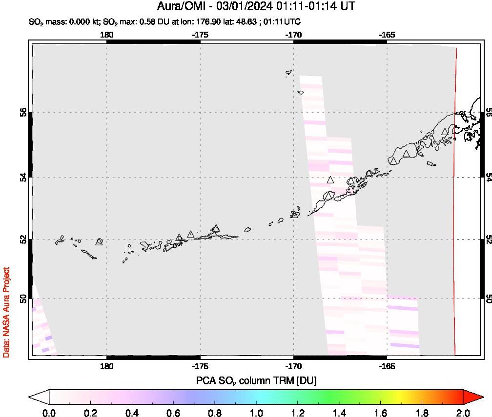 A sulfur dioxide image over Aleutian Islands, Alaska, USA on Mar 01, 2024.