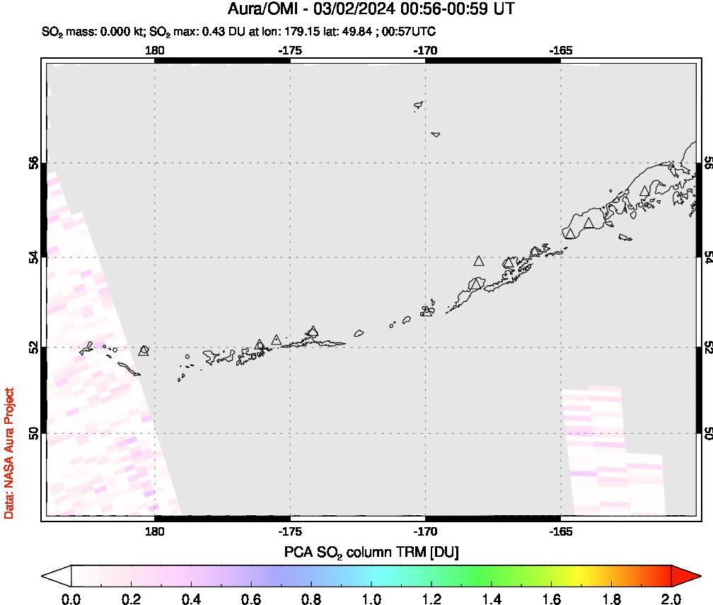 A sulfur dioxide image over Aleutian Islands, Alaska, USA on Mar 02, 2024.