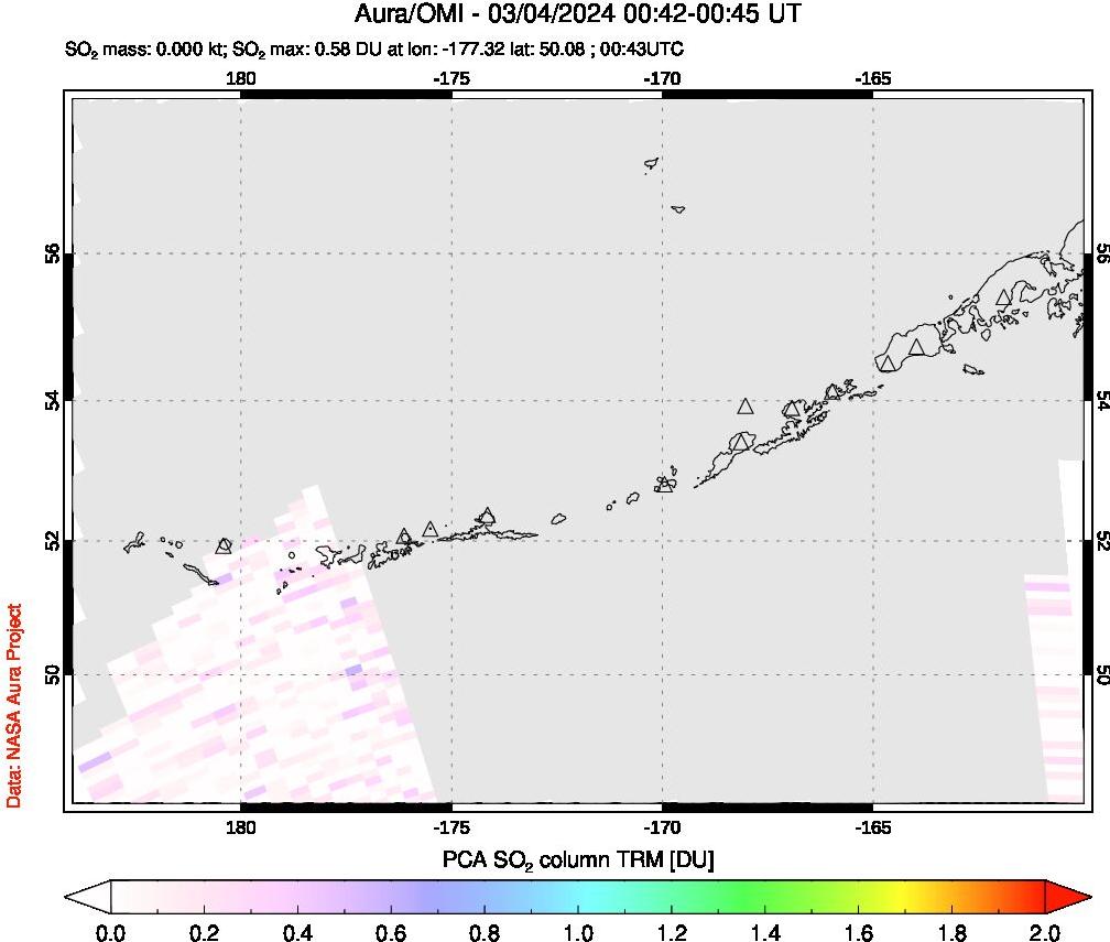 A sulfur dioxide image over Aleutian Islands, Alaska, USA on Mar 04, 2024.