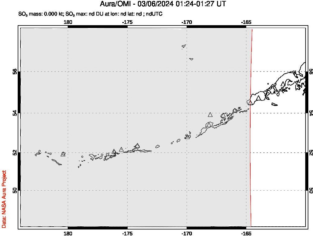 A sulfur dioxide image over Aleutian Islands, Alaska, USA on Mar 06, 2024.