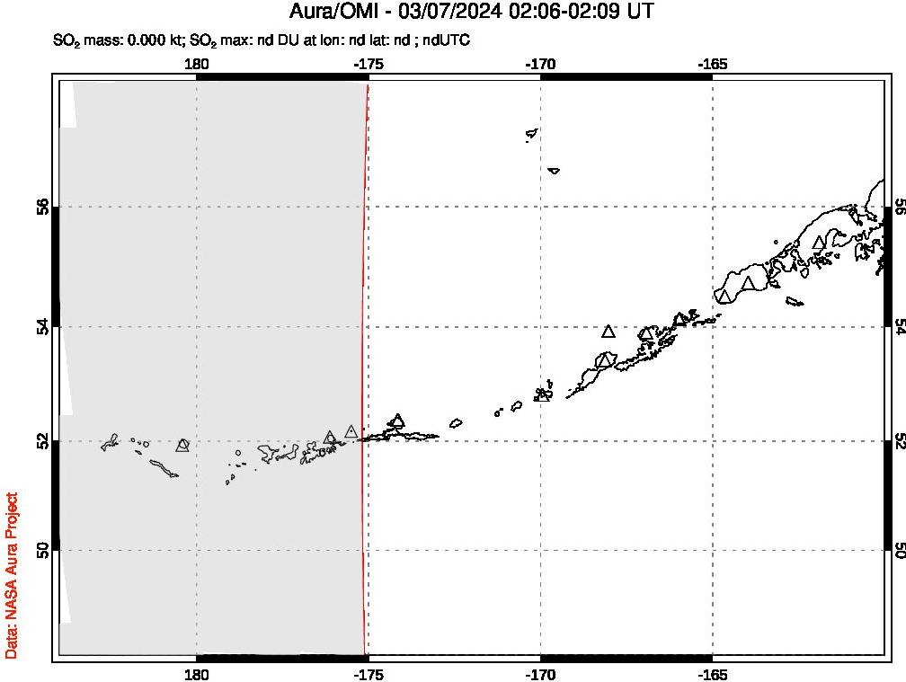 A sulfur dioxide image over Aleutian Islands, Alaska, USA on Mar 07, 2024.