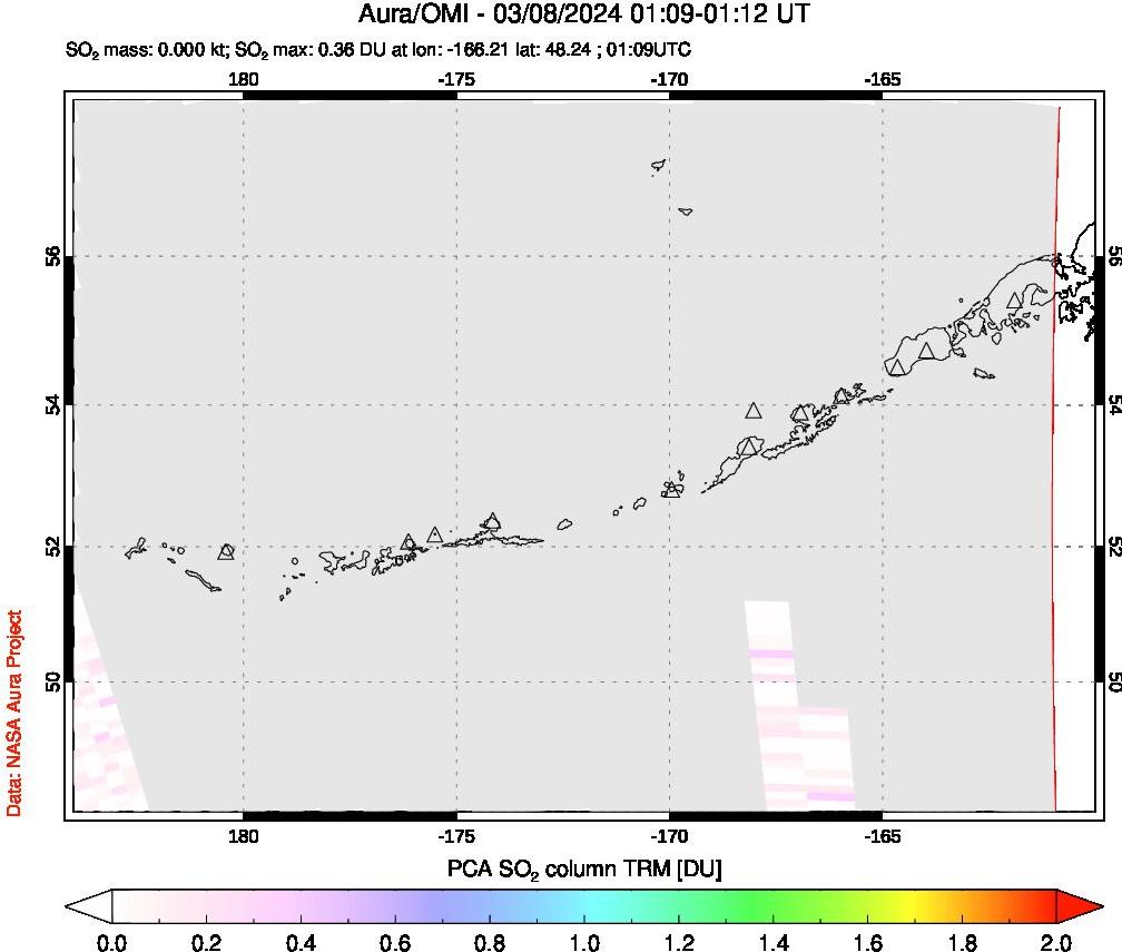 A sulfur dioxide image over Aleutian Islands, Alaska, USA on Mar 08, 2024.