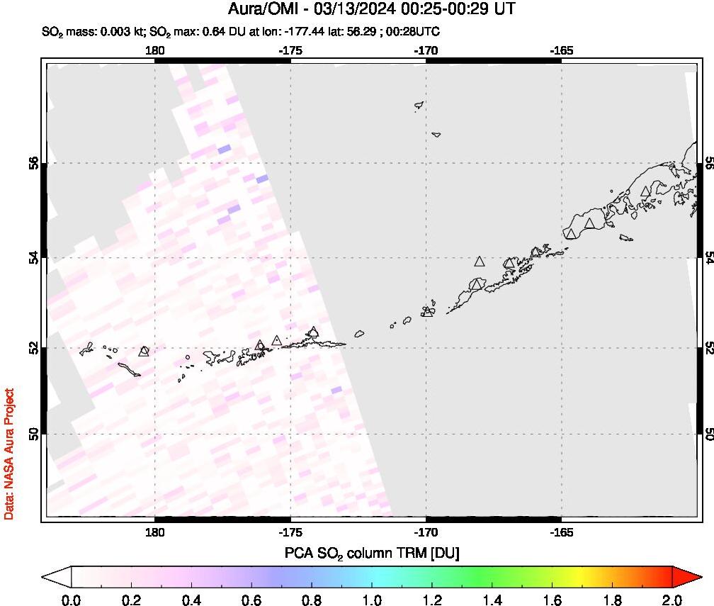 A sulfur dioxide image over Aleutian Islands, Alaska, USA on Mar 13, 2024.