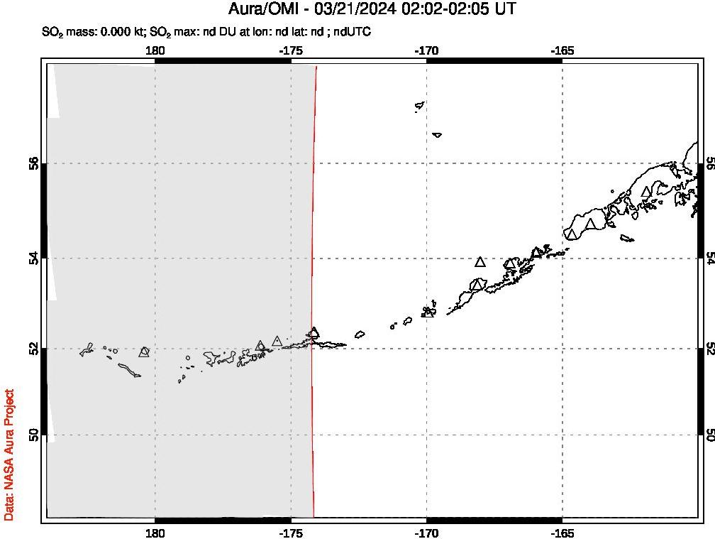 A sulfur dioxide image over Aleutian Islands, Alaska, USA on Mar 21, 2024.