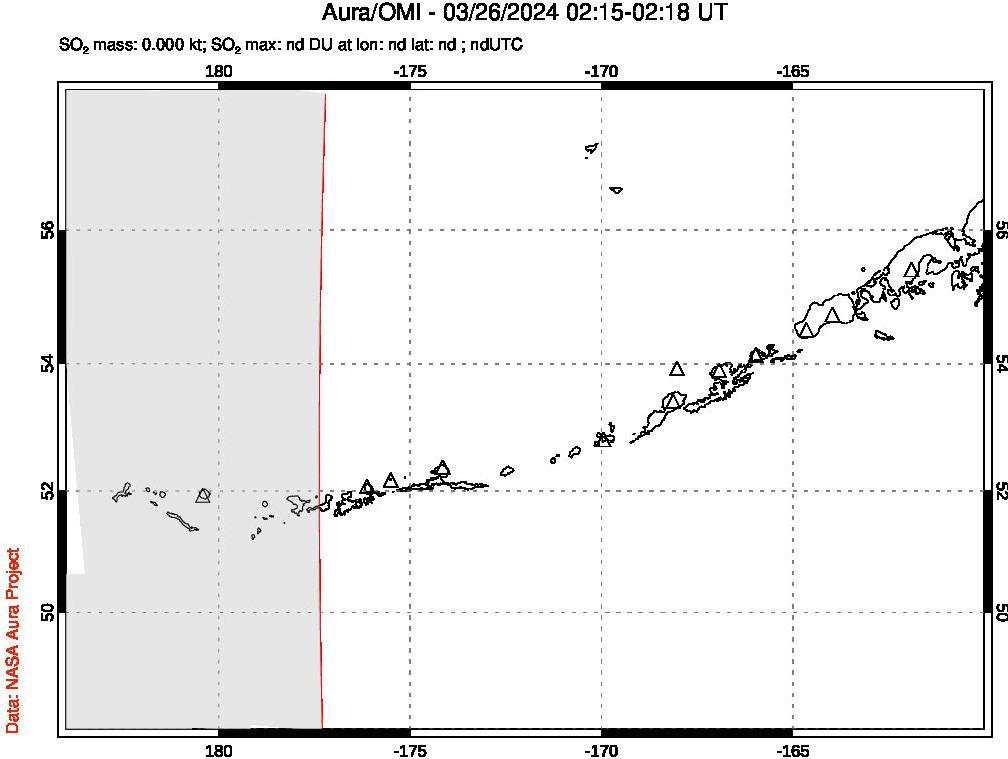 A sulfur dioxide image over Aleutian Islands, Alaska, USA on Mar 26, 2024.