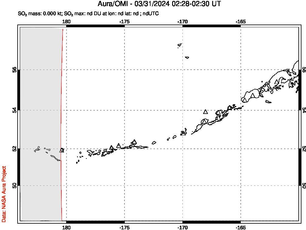 A sulfur dioxide image over Aleutian Islands, Alaska, USA on Mar 31, 2024.