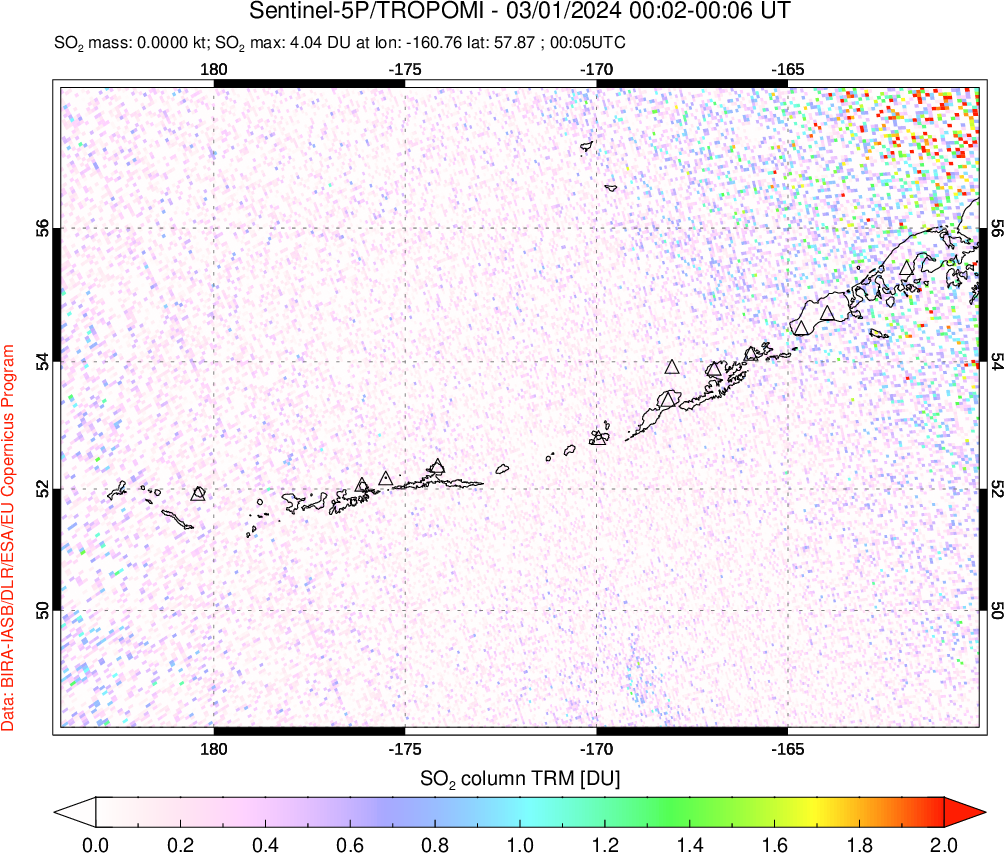 A sulfur dioxide image over Aleutian Islands, Alaska, USA on Mar 01, 2024.