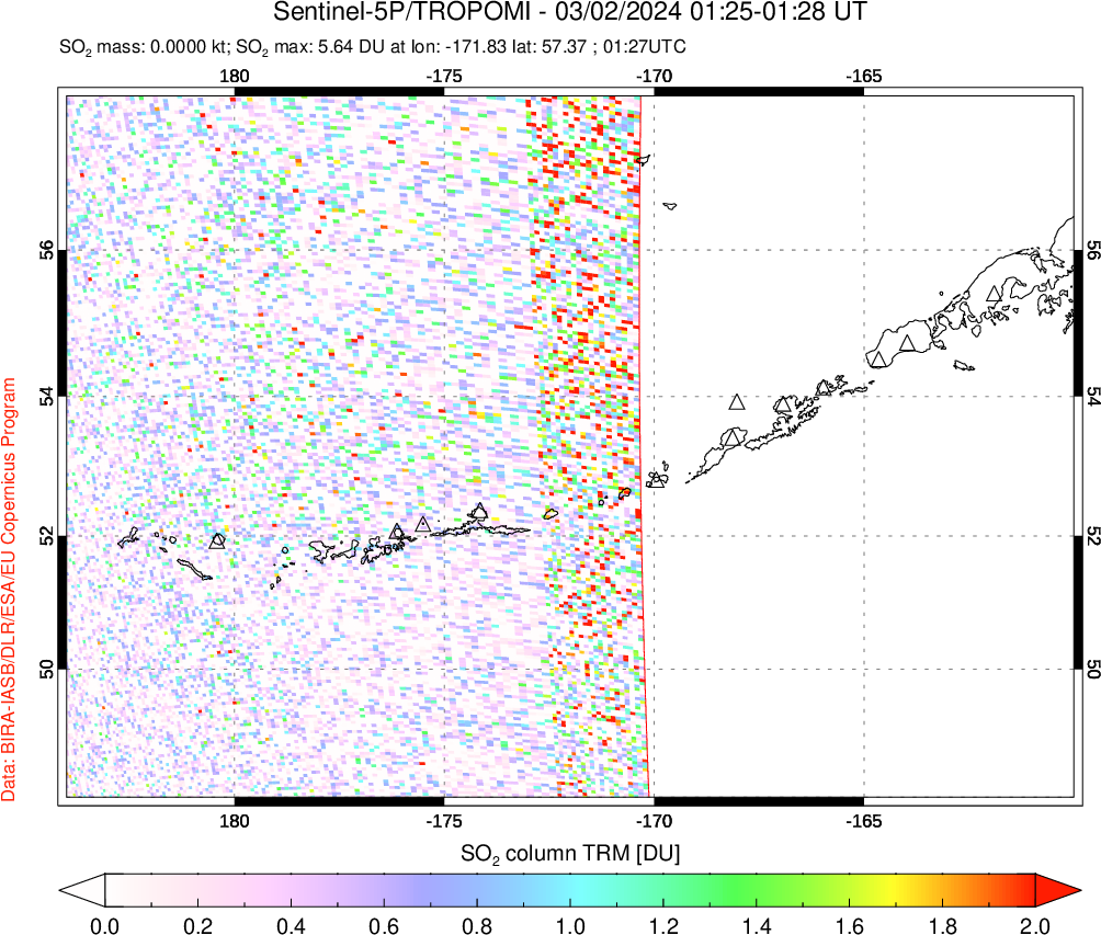 A sulfur dioxide image over Aleutian Islands, Alaska, USA on Mar 02, 2024.