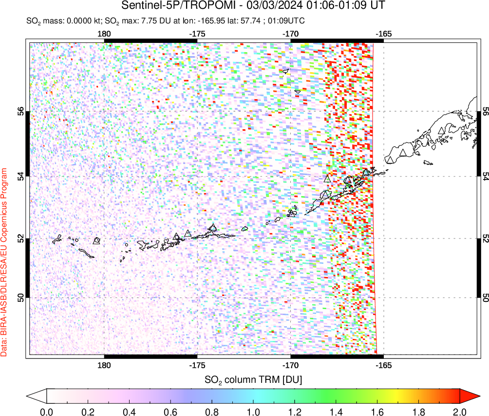 A sulfur dioxide image over Aleutian Islands, Alaska, USA on Mar 03, 2024.