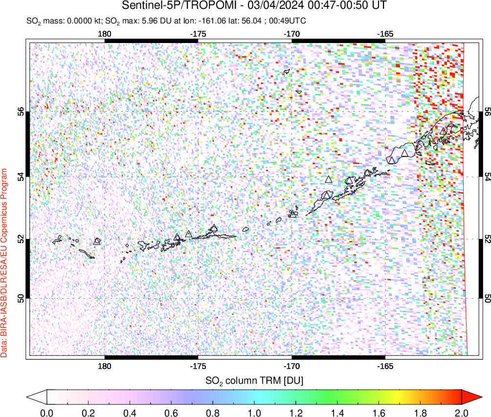 A sulfur dioxide image over Aleutian Islands, Alaska, USA on Mar 04, 2024.