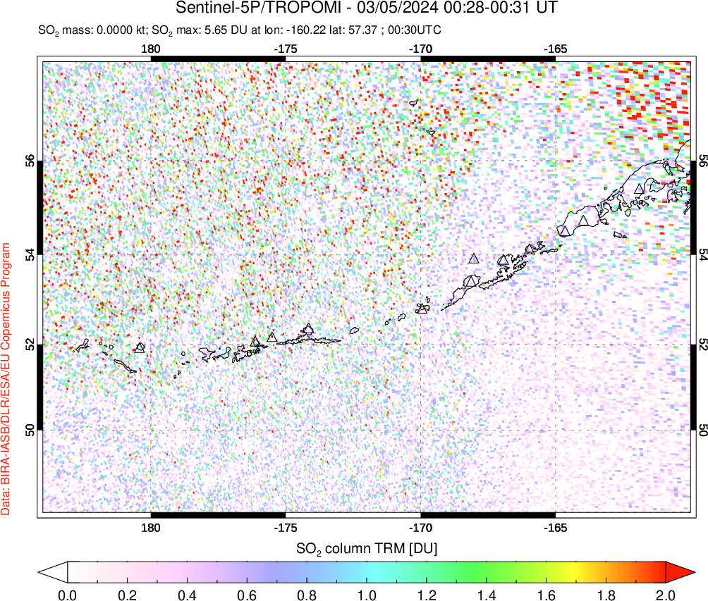 A sulfur dioxide image over Aleutian Islands, Alaska, USA on Mar 05, 2024.