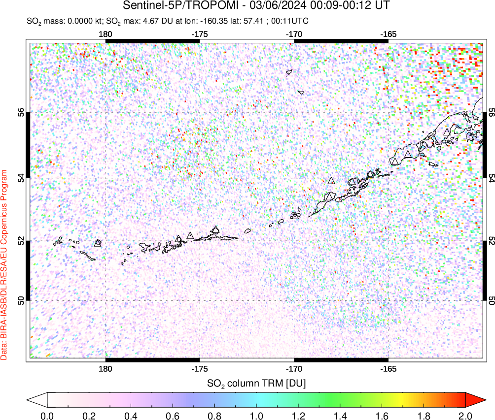 A sulfur dioxide image over Aleutian Islands, Alaska, USA on Mar 06, 2024.