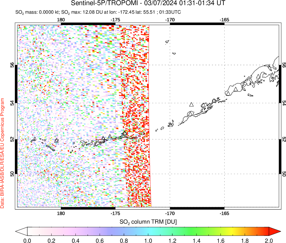 A sulfur dioxide image over Aleutian Islands, Alaska, USA on Mar 07, 2024.