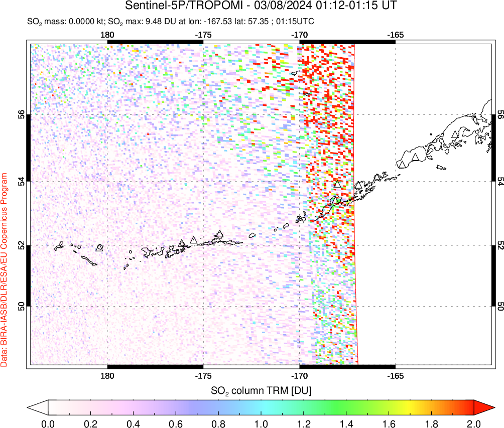 A sulfur dioxide image over Aleutian Islands, Alaska, USA on Mar 08, 2024.