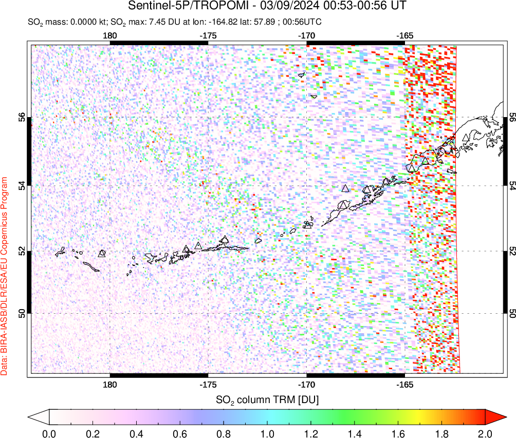 A sulfur dioxide image over Aleutian Islands, Alaska, USA on Mar 09, 2024.