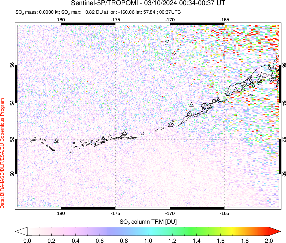 A sulfur dioxide image over Aleutian Islands, Alaska, USA on Mar 10, 2024.