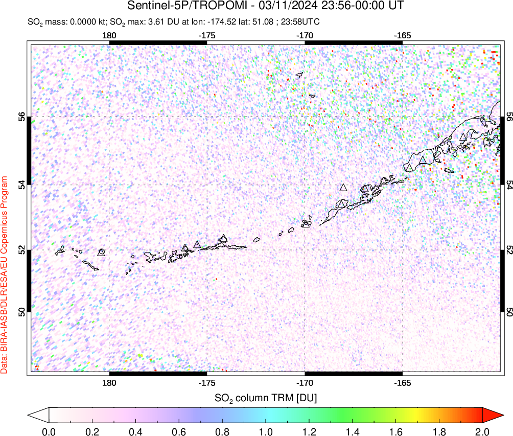 A sulfur dioxide image over Aleutian Islands, Alaska, USA on Mar 11, 2024.