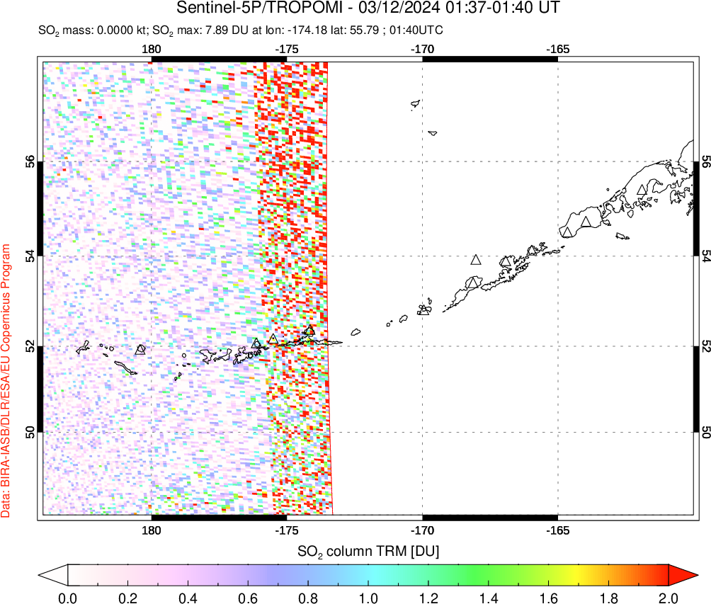 A sulfur dioxide image over Aleutian Islands, Alaska, USA on Mar 12, 2024.