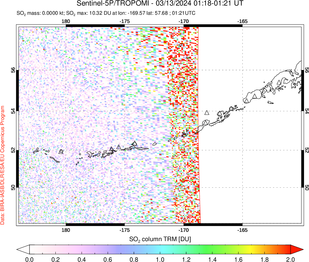 A sulfur dioxide image over Aleutian Islands, Alaska, USA on Mar 13, 2024.