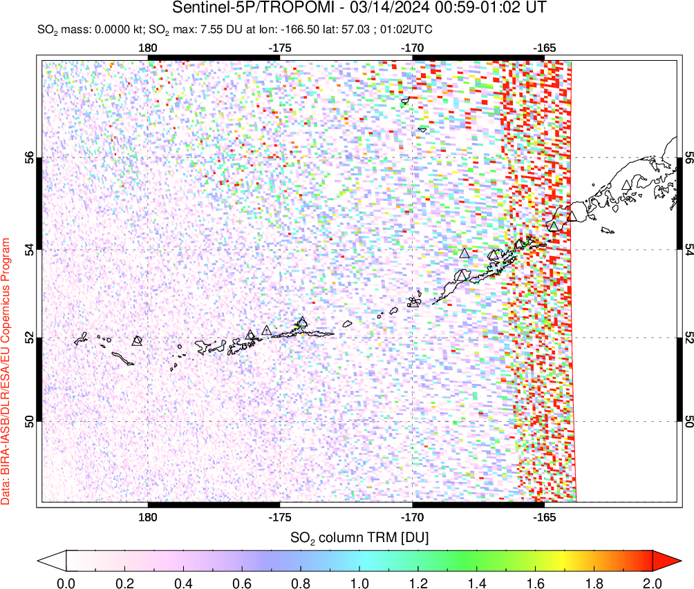 A sulfur dioxide image over Aleutian Islands, Alaska, USA on Mar 14, 2024.