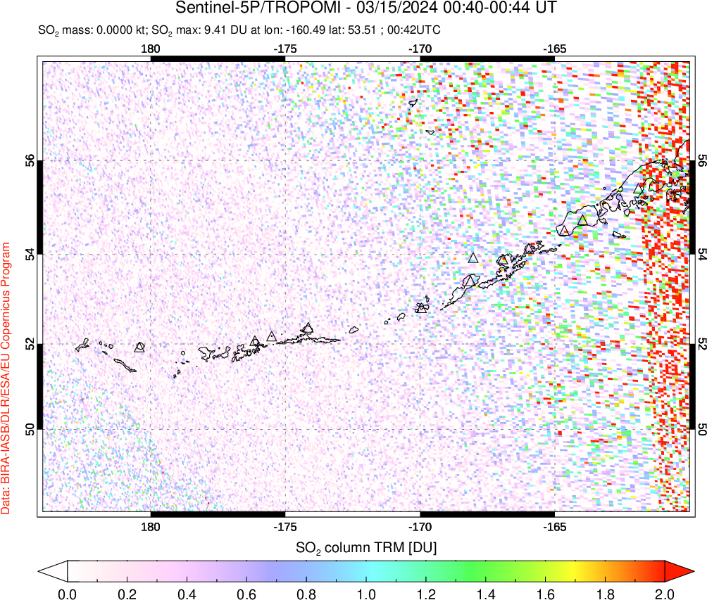 A sulfur dioxide image over Aleutian Islands, Alaska, USA on Mar 15, 2024.