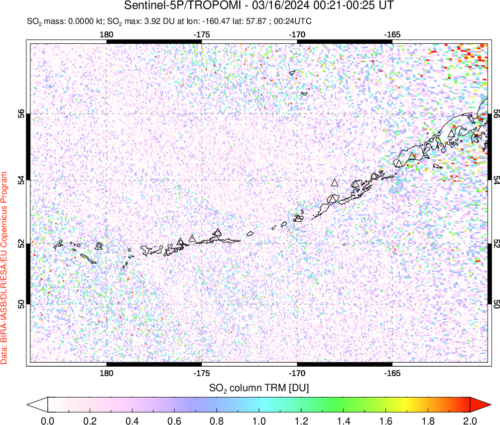 A sulfur dioxide image over Aleutian Islands, Alaska, USA on Mar 16, 2024.