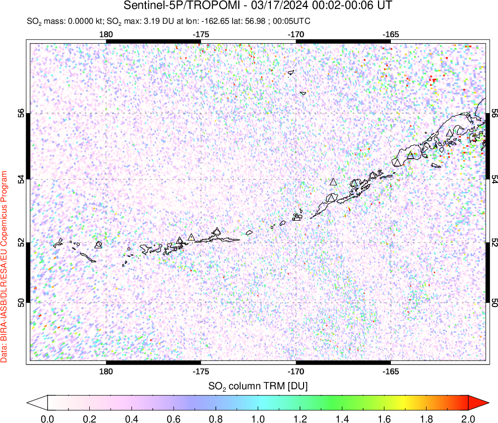 A sulfur dioxide image over Aleutian Islands, Alaska, USA on Mar 17, 2024.