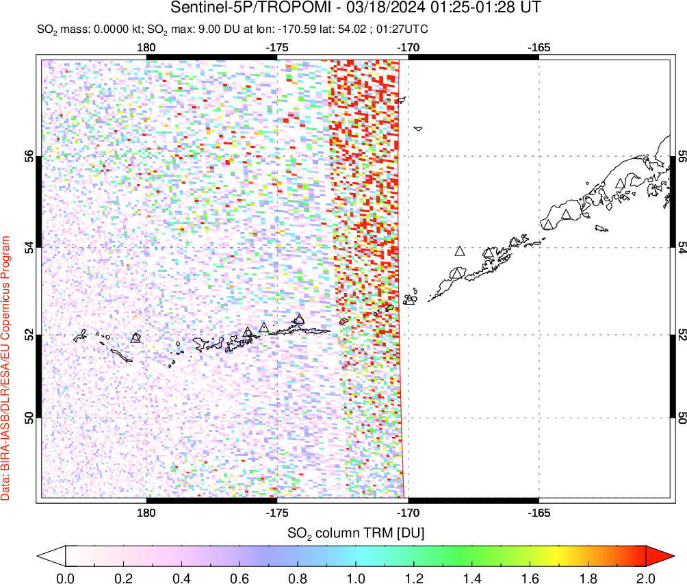 A sulfur dioxide image over Aleutian Islands, Alaska, USA on Mar 18, 2024.