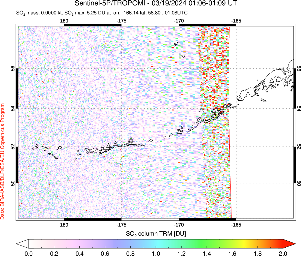 A sulfur dioxide image over Aleutian Islands, Alaska, USA on Mar 19, 2024.