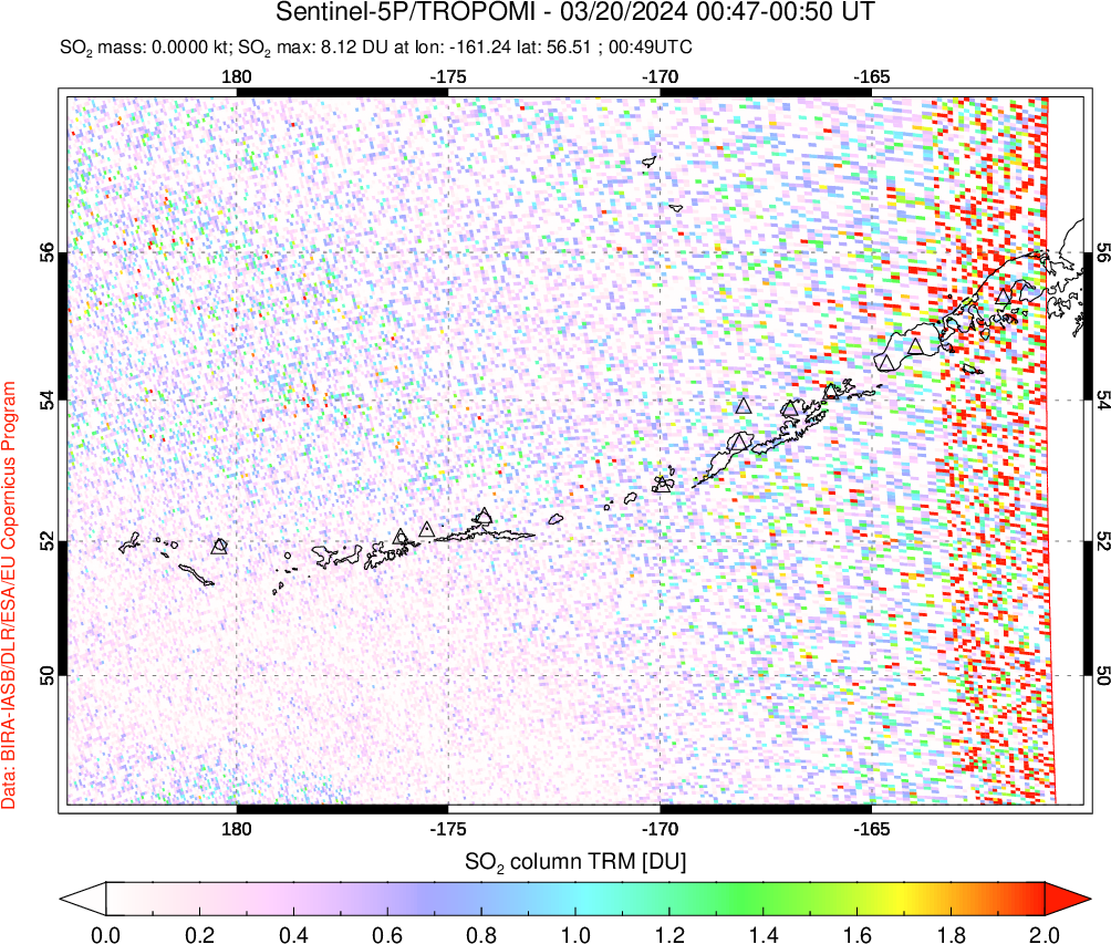 A sulfur dioxide image over Aleutian Islands, Alaska, USA on Mar 20, 2024.