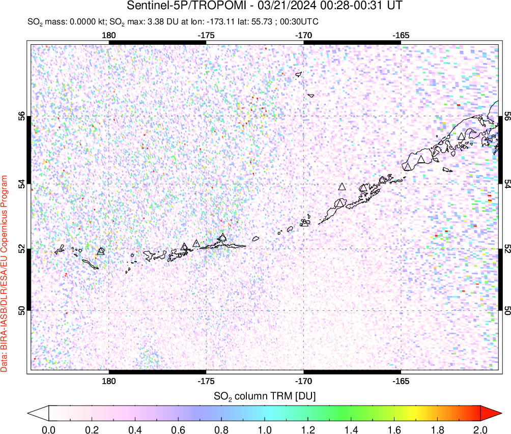 A sulfur dioxide image over Aleutian Islands, Alaska, USA on Mar 21, 2024.