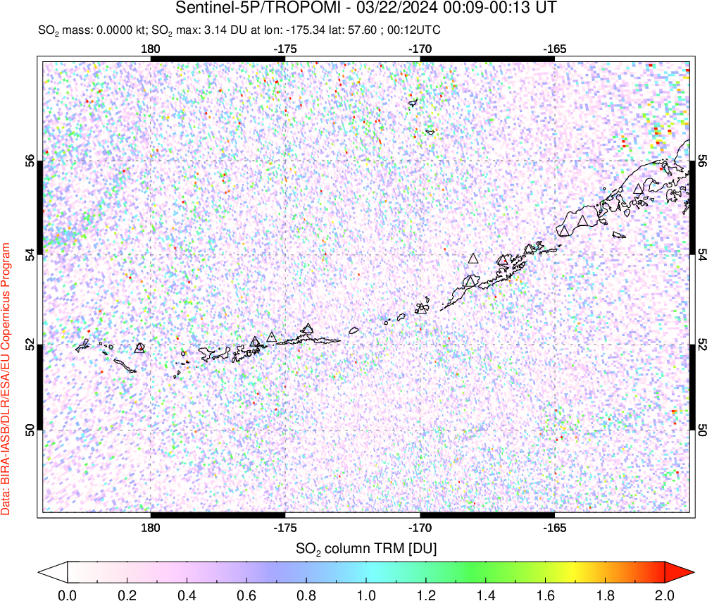 A sulfur dioxide image over Aleutian Islands, Alaska, USA on Mar 22, 2024.