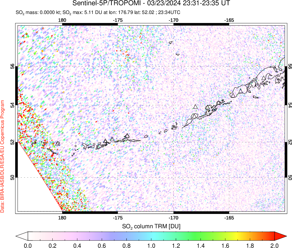 A sulfur dioxide image over Aleutian Islands, Alaska, USA on Mar 23, 2024.