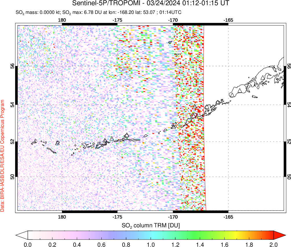 A sulfur dioxide image over Aleutian Islands, Alaska, USA on Mar 24, 2024.