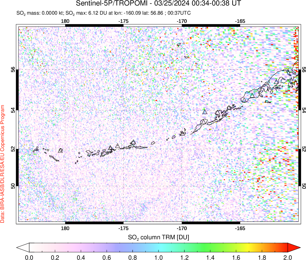 A sulfur dioxide image over Aleutian Islands, Alaska, USA on Mar 25, 2024.