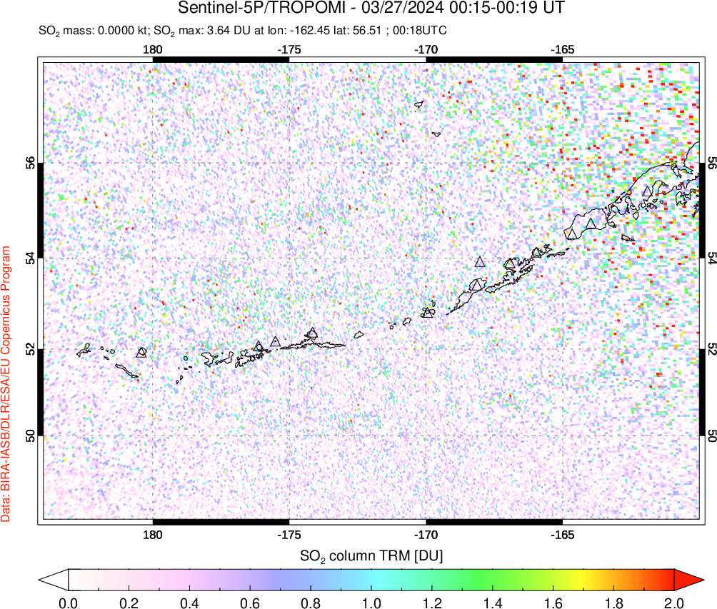 A sulfur dioxide image over Aleutian Islands, Alaska, USA on Mar 27, 2024.