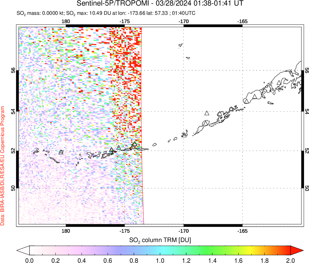 A sulfur dioxide image over Aleutian Islands, Alaska, USA on Mar 28, 2024.