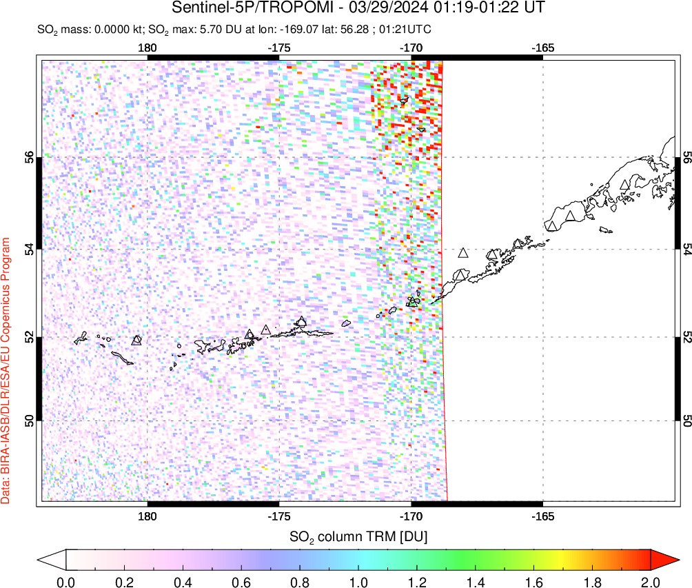 A sulfur dioxide image over Aleutian Islands, Alaska, USA on Mar 29, 2024.