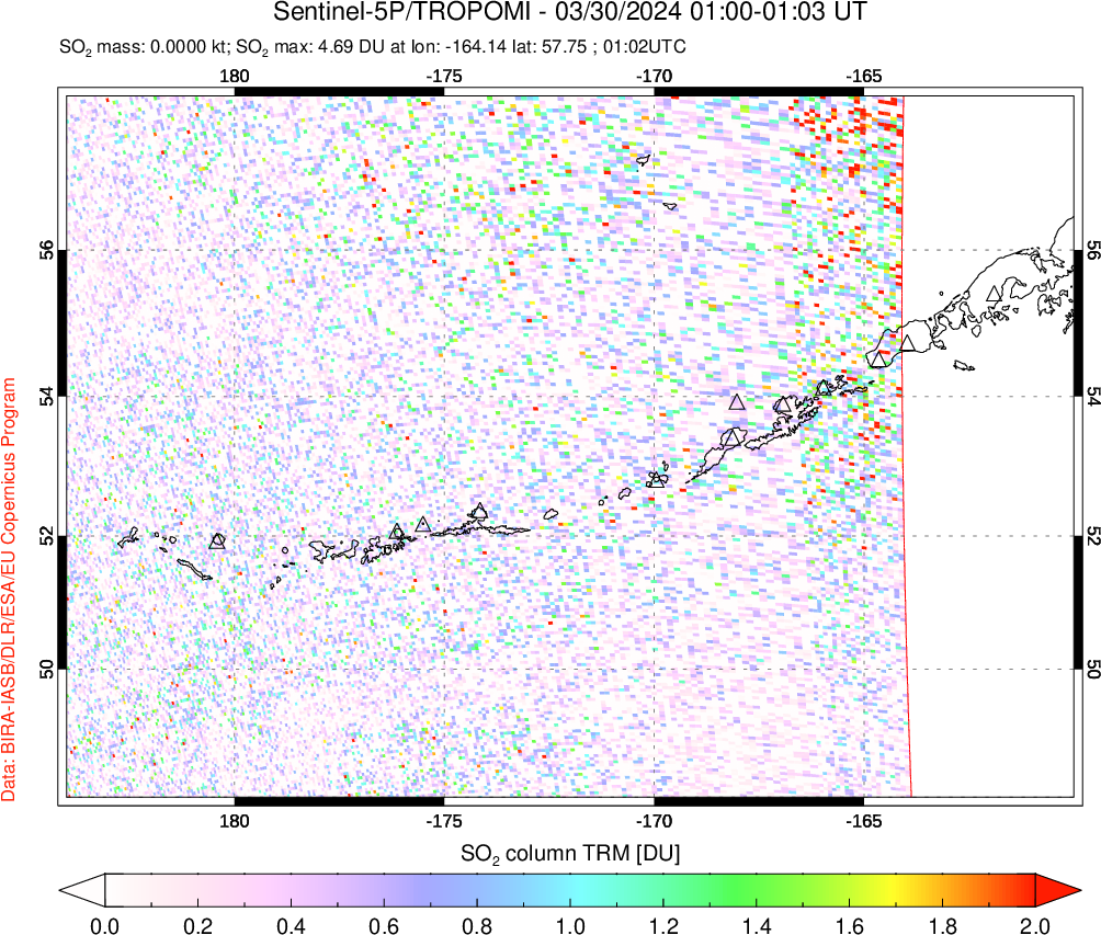 A sulfur dioxide image over Aleutian Islands, Alaska, USA on Mar 30, 2024.