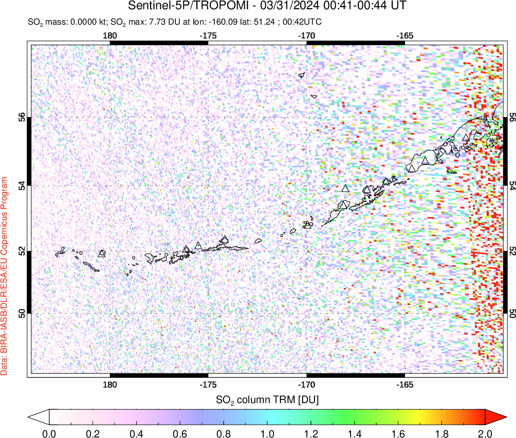 A sulfur dioxide image over Aleutian Islands, Alaska, USA on Mar 31, 2024.