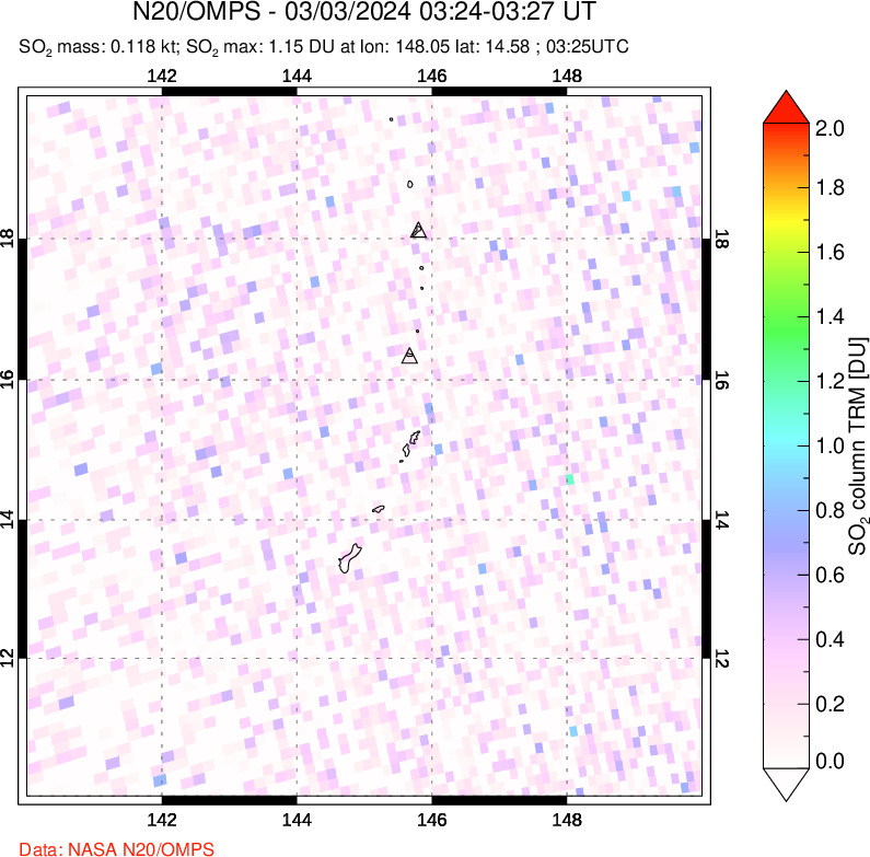 A sulfur dioxide image over Anatahan, Mariana Islands on Mar 03, 2024.