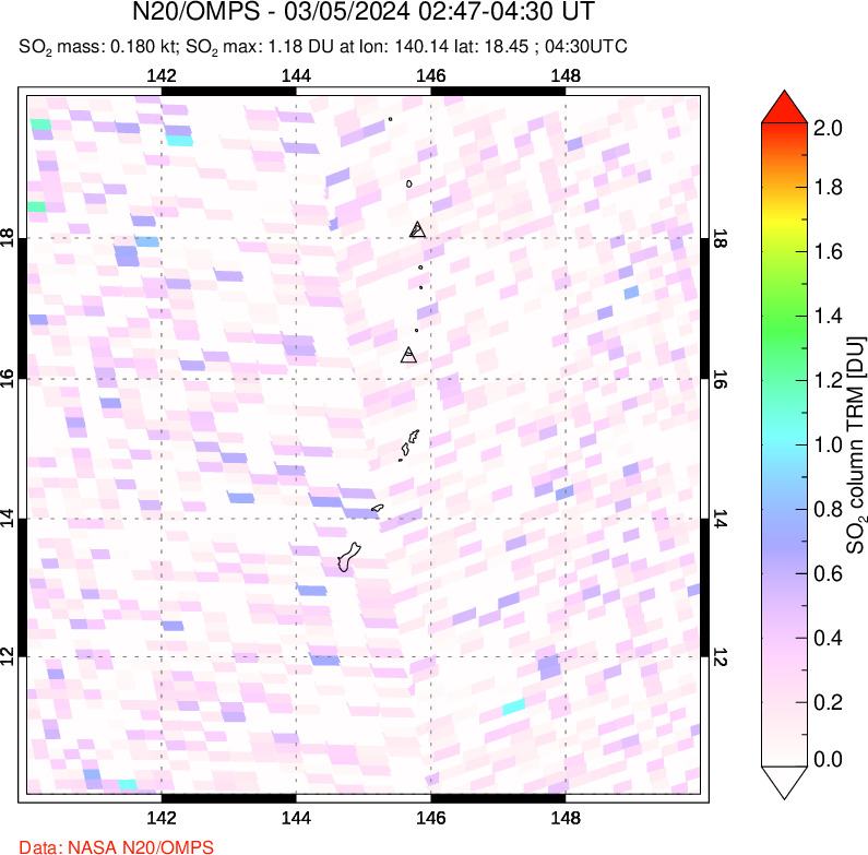 A sulfur dioxide image over Anatahan, Mariana Islands on Mar 05, 2024.