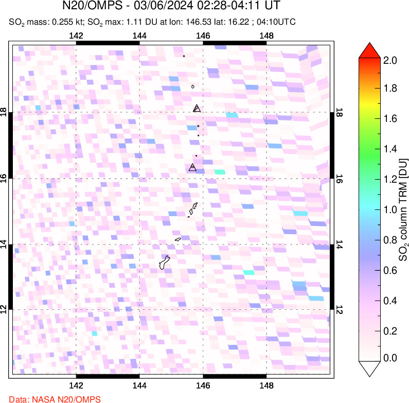 A sulfur dioxide image over Anatahan, Mariana Islands on Mar 06, 2024.