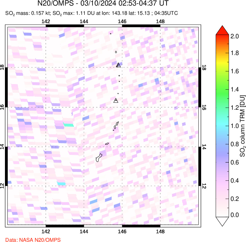 A sulfur dioxide image over Anatahan, Mariana Islands on Mar 10, 2024.