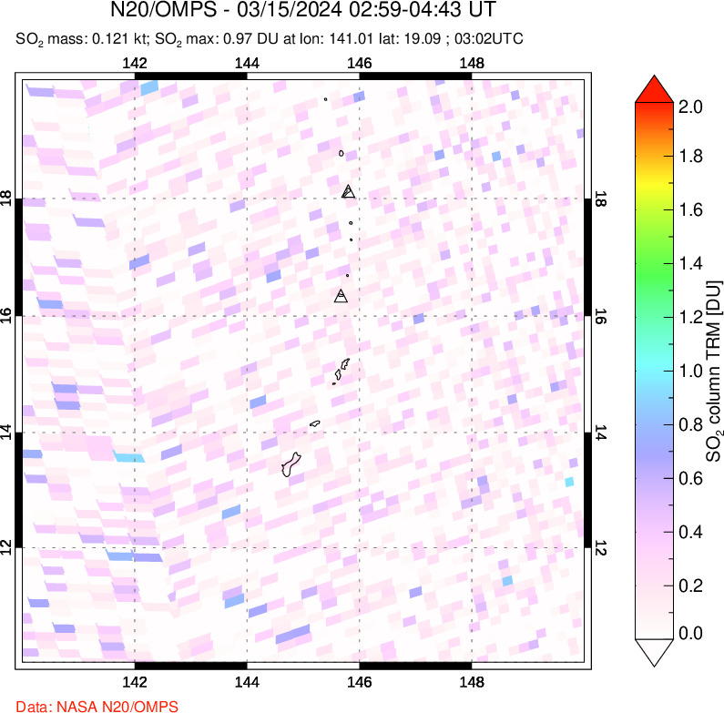 A sulfur dioxide image over Anatahan, Mariana Islands on Mar 15, 2024.