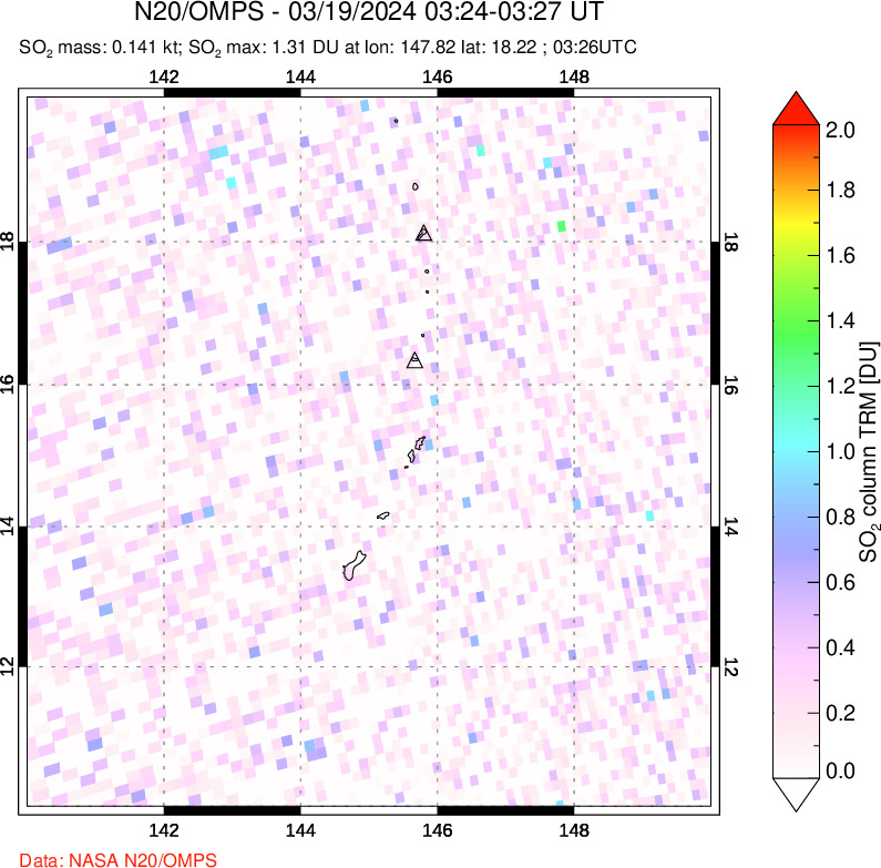 A sulfur dioxide image over Anatahan, Mariana Islands on Mar 19, 2024.