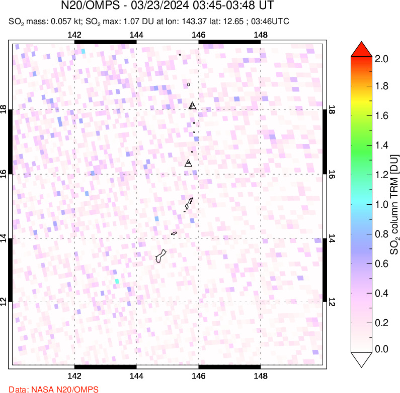 A sulfur dioxide image over Anatahan, Mariana Islands on Mar 23, 2024.