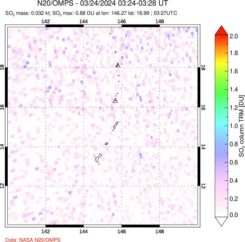 A sulfur dioxide image over Anatahan, Mariana Islands on Mar 24, 2024.